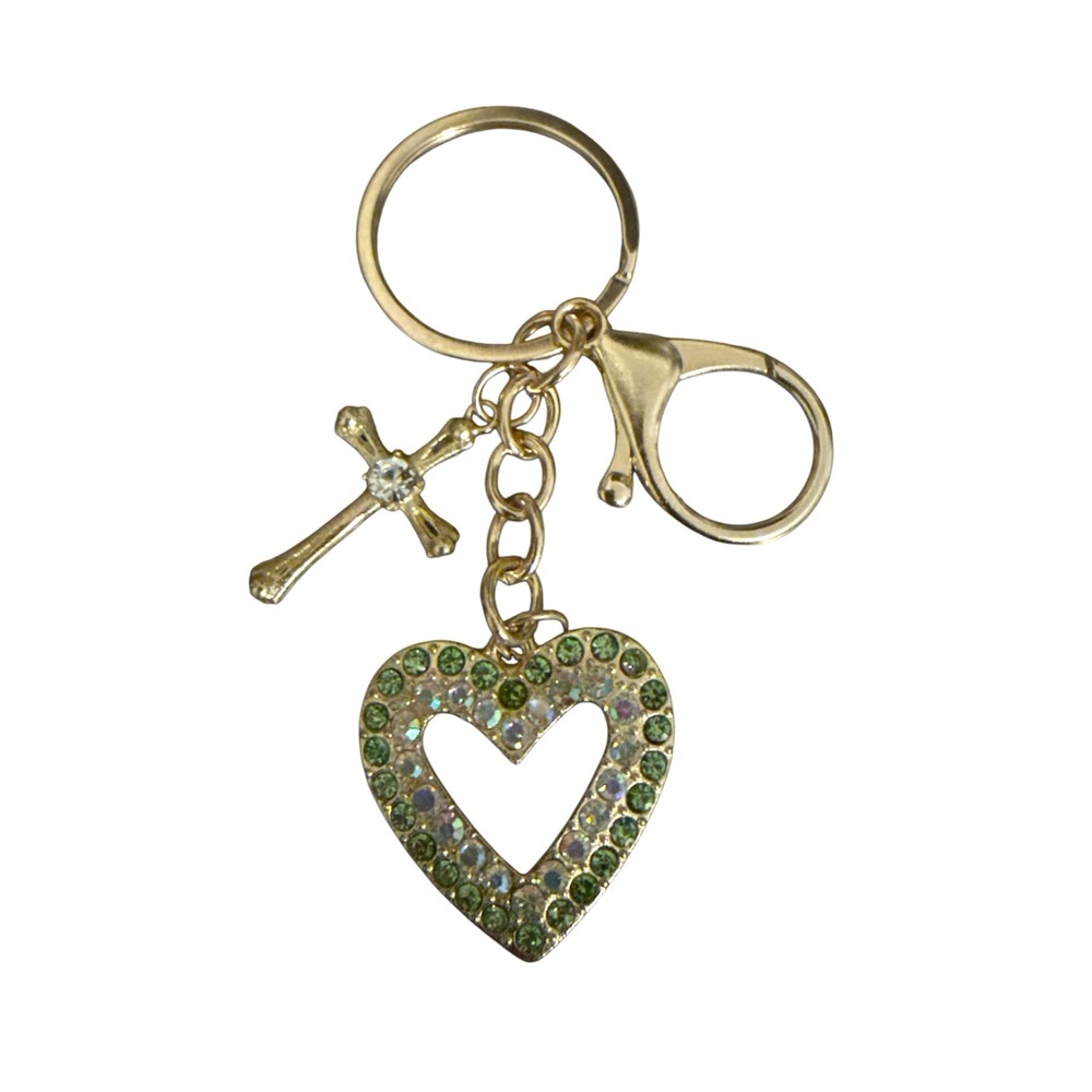 Green Heart Keychain with Cross Charm